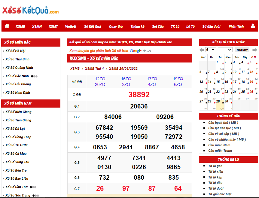 Giao diện trang web Xổ số Kết quả rất khoa học và dễ sử dụng